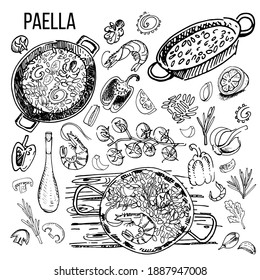 Paella, seafood. Delicious rice meal, Spain. Graphics, sketch, vector illustration.