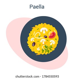 Paella with seafood and rice on a plate. Spanish traditional dish. Isolated vector illustration in cartoon style