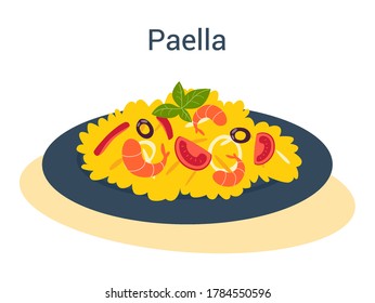 Paella with seafood and rice on a plate. Spanish traditional dish. Isolated vector illustration in cartoon style