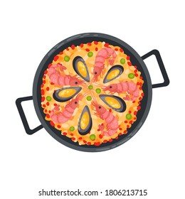 Paella with Seafood and Saffron Rice as Spanish Cuisine Dish Served in Bowl Vector Illustration