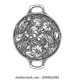 Paella with seafood in a saucepan. Sketch. Engraving style. Vector illustration.