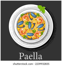 Paella with seafood. Traditional Spanish dish paella with shrimp, mussels, vegetables. Icon, symbol, object, sticker, menu design element, poster, banner, packaging. Latin American cuisine.