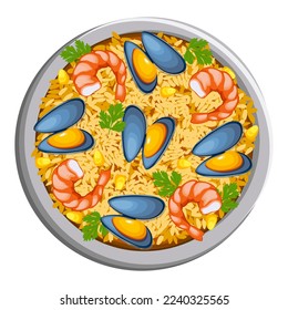 Paella with seafood. Traditional Spanish dish paella with shrimp, mussels, vegetables. Icon, symbol, object, sticker, menu design element, poster, banner, packaging. Latin American cuisine.