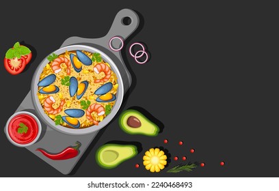 Paella with seafood. Traditional Spanish dish paella with shrimp, mussels, vegetables. Icon, symbol, object, sticker, menu design element, poster, banner, packaging. Latin American cuisine.