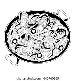 Paella with seafood. Traditional spanish food. Black and white. Vector illustration