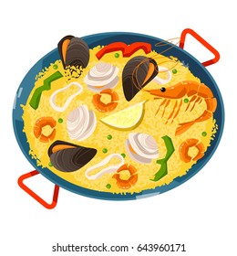 Paella with seafood. Traditional spanish food. Vector illustration