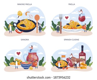 Juego de paella. Platos tradicionales españoles con marisco y arroz en un plato. Los chefs preparan cocina gourmet saludable. Ilustración vectorial aislada en estilo de dibujos animados