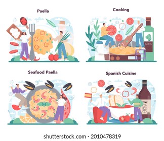 Paella set. Spanish traditional dish with seafood and rice on a plate. Chefs cooking healthy gourmet cuisine. Isolated vector illustration in cartoon style