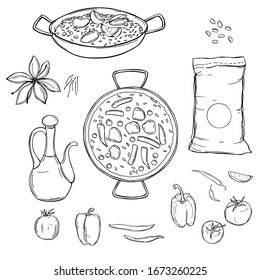 Paella set. Vector sketch illustration