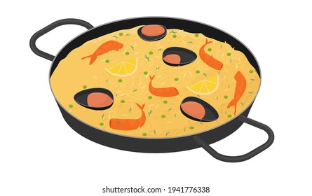 Paella with shrimps, oysters and lemon. Traditional spanish food. Vector illustration isolated on white.