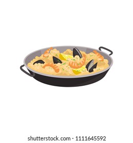 Paella with shrimps, oysters and slices of lemon in black pan. Traditional Spanish dish. Flat vector for promo flyer or menu