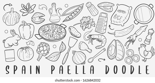 Paella Spanish Food Doodle Line Art Illustration. Hand Drawn Vector Clip Art. Banner Set Logos.