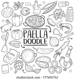 Paella Spanish Recipe Traditional Doodle Icons Sketch Hand Made Design Vector