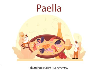 Paella. Spanish traditional dish with seafood and rice on a plate. Chefs cooking healthy gourmet cuisine. Isolated vector illustration in cartoon style