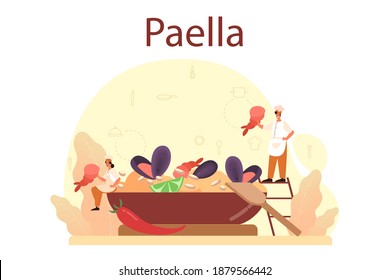 Paella. Spanish traditional dish with seafood and rice on a plate. Chefs cooking healthy gourmet cuisine. Isolated vector illustration in cartoon style