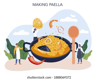 Paella. Spanish traditional dish with seafood and rice on a plate. Chefs cooking healthy gourmet cuisine. Isolated vector illustration in cartoon style