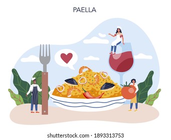 Paella. Spanish traditional dish with seafood and rice on a plate. Chefs cooking healthy gourmet cuisine. Isolated vector illustration in cartoon style