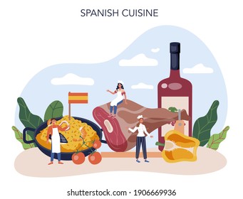 Paella. Spanish traditional dish with seafood and rice on a plate. Chefs cooking healthy gourmet cuisine. Isolated vector illustration in cartoon style