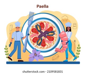 Paella. Spanish traditional dish with seafood and rice on a plate. Chefs cooking healthy gourmet cuisine. Isolated vector illustration in cartoon style