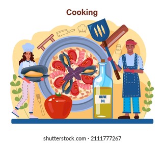 Paella. Spanish traditional dish with seafood and rice on a plate. Chefs cooking healthy gourmet cuisine. Isolated vector illustration in cartoon style