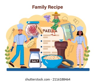 Paella. Spanish traditional dish with seafood and rice on a plate. Chefs cooking healthy gourmet cuisine. Isolated vector illustration in cartoon style