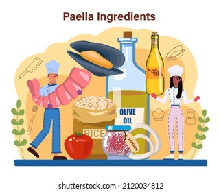 Paella. Spanish traditional dish with seafood and rice on a plate. Chefs cooking healthy gourmet cuisine. Isolated vector illustration in cartoon style