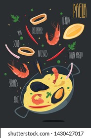 Paella. Traditional Spanish meal with rice and seafood. Vector Illustration