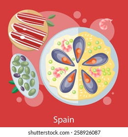 Paella traditional Spanish meal with rice and seafood. Spain food concept in flat design