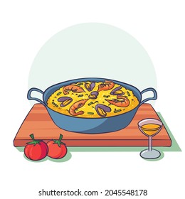 La paella es un plato típico español. Paella rellena de arroz y marisco.