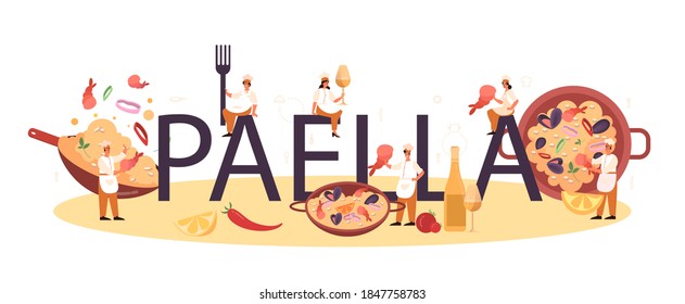 Paella typographic header. Spanish traditional dish with seafood and rice on a plate. Chefs cooking healthy gourmet cuisine. Isolated vector illustration in cartoon style