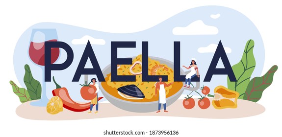 Paella typographic header. Spanish traditional dish with seafood and rice on a plate. Chefs cooking healthy gourmet cuisine. Isolated vector illustration in cartoon style