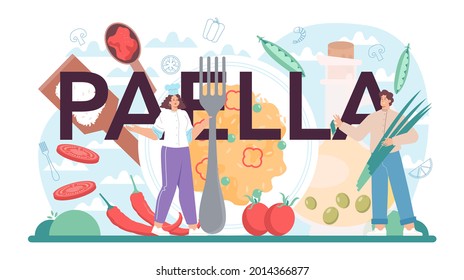 Paella typographic header. Spanish traditional dish with seafood and rice on a plate. Chefs cooking healthy gourmet cuisine. Isolated vector illustration in cartoon style