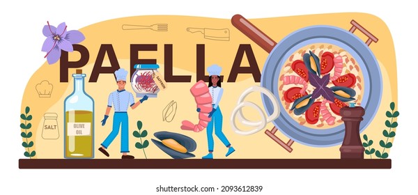 Paella typographic header. Spanish traditional dish with seafood and rice on a plate. Chefs cooking healthy gourmet cuisine. Isolated vector illustration in cartoon style