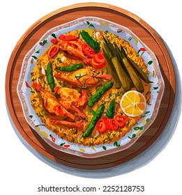 Paella valenciana auf Platte Vektorgrafik.