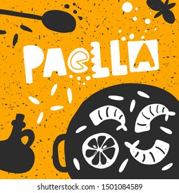 Paella vector hand drawn banner template. Traditional spanish dish sticker with stylized lettering and ink drops. Pan with vegetables and seafood. Restaurant menu, poster design element