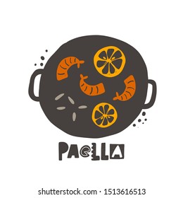 Paella vector hand drawn illustration. Traditional spanish dish sticker with stylized lettering and ink drops. Pan with vegetables and seafood. Restaurant menu, poster design element