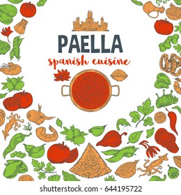 Paella vector outline set background for menu .Catalonia food in the sketch style. Spanish traditional products. Vector illustration of ethnic cooking.Red and yellow green color on a white background