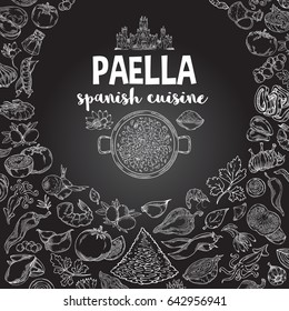 Paella vector outline set fills background for menu .Catalonia food in the sketch style. Spanish traditional products. Vector illustration of ethnic cooking.White outline on black background