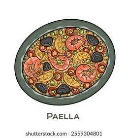 Paella is a vibrant, traditional Spanish rice dish originating from Valencia, typically prepared with saffron-infused rice, a variety of meats or seafood, vegetables