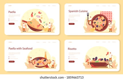 Paella web banner or landing page set. Spanish traditional dish with seafood and rice on a plate. Chefs cooking healthy gourmet cuisine. Isolated vector illustration in cartoon style