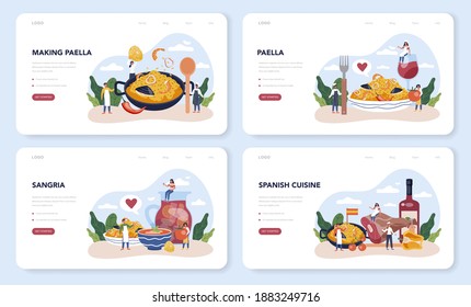 Paella web banner or landing page set. Spanish traditional dish with seafood and rice on a plate. Chefs cooking healthy gourmet cuisine. Isolated vector illustration in cartoon style