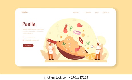 Paella web banner or landing page. Spanish traditional dish with seafood and rice on a plate. Chefs cooking healthy gourmet cuisine. Isolated vector illustration in cartoon style