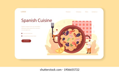 Paella web banner or landing page. Spanish traditional dish with seafood and rice on a plate. Chefs cooking healthy gourmet cuisine. Isolated vector illustration in cartoon style