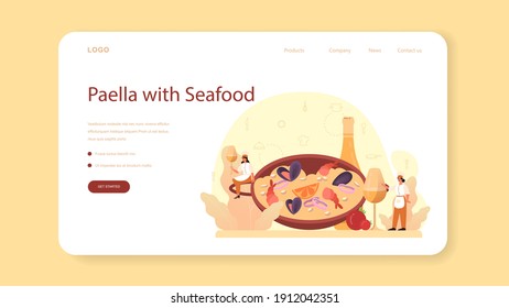 Paella web banner or landing page. Spanish traditional dish with seafood and rice on a plate. Chefs cooking healthy gourmet cuisine. Isolated vector illustration in cartoon style