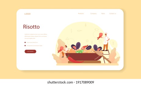 Paella web banner or landing page. Spanish traditional dish with seafood and rice on a plate. Chefs cooking healthy gourmet cuisine. Isolated vector illustration in cartoon style