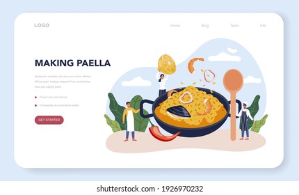 Paella web banner or landing page. Spanish traditional dish with seafood and rice on a plate. Chefs cooking healthy gourmet cuisine. Isolated vector illustration in cartoon style