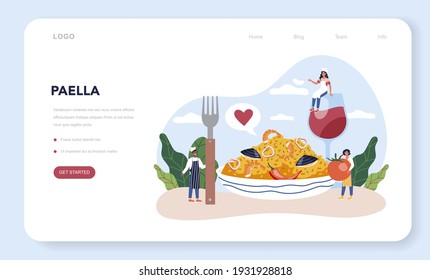 Paella web banner or landing page. Spanish traditional dish with seafood and rice on a plate. Chefs cooking healthy gourmet cuisine. Isolated vector illustration in cartoon style