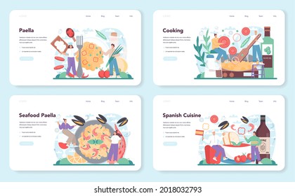 Paella web banner or landing page set. Spanish traditional dish with seafood and rice on a plate. Chefs cooking healthy gourmet cuisine. Isolated vector illustration in cartoon style