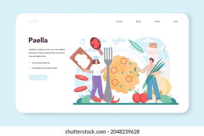 Paella web banner or landing page. Spanish traditional dish with seafood and rice on a plate. Chefs cooking healthy gourmet cuisine. Isolated vector illustration in cartoon style