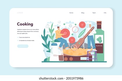 Paella web banner or landing page. Spanish traditional dish with seafood and rice on a plate. Chefs cooking healthy gourmet cuisine. Isolated vector illustration in cartoon style